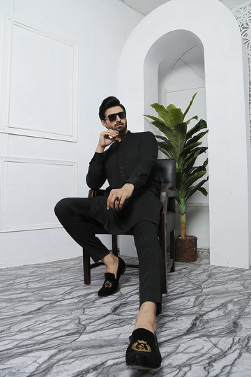 Black Collar & Neck Embroidered Kurta Pajama For Men